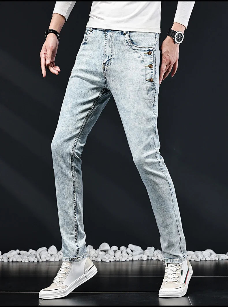Slim Skinny Jeans Men New Elastic Korean Design Fashion Multi-Button Blue White Vintage Wash Cotton Stretch Denim Pants Trousers.