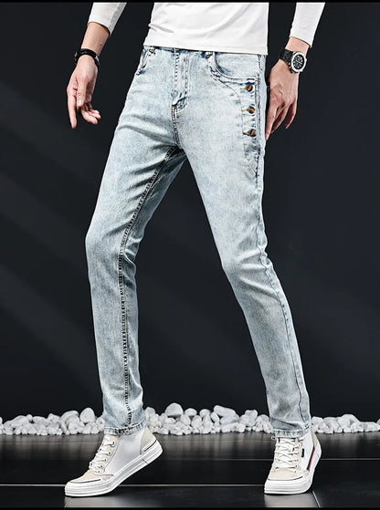 Slim Skinny Jeans Men New Elastic Korean Design Fashion Multi-Button Blue White Vintage Wash Cotton Stretch Denim Pants Trousers.