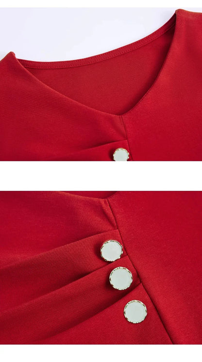 Wine red pure cotton long sleeved t-shirt for women's spring and autumn new style V-neck fashionable casual plus size loose top.