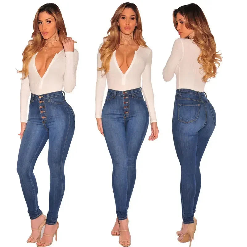 Women Jeans Wash Denim pant Sheath Ankle Length Pencil Pants Skinny Hot High Waist Slim Casual Basics Solid 2025 Button Pockets