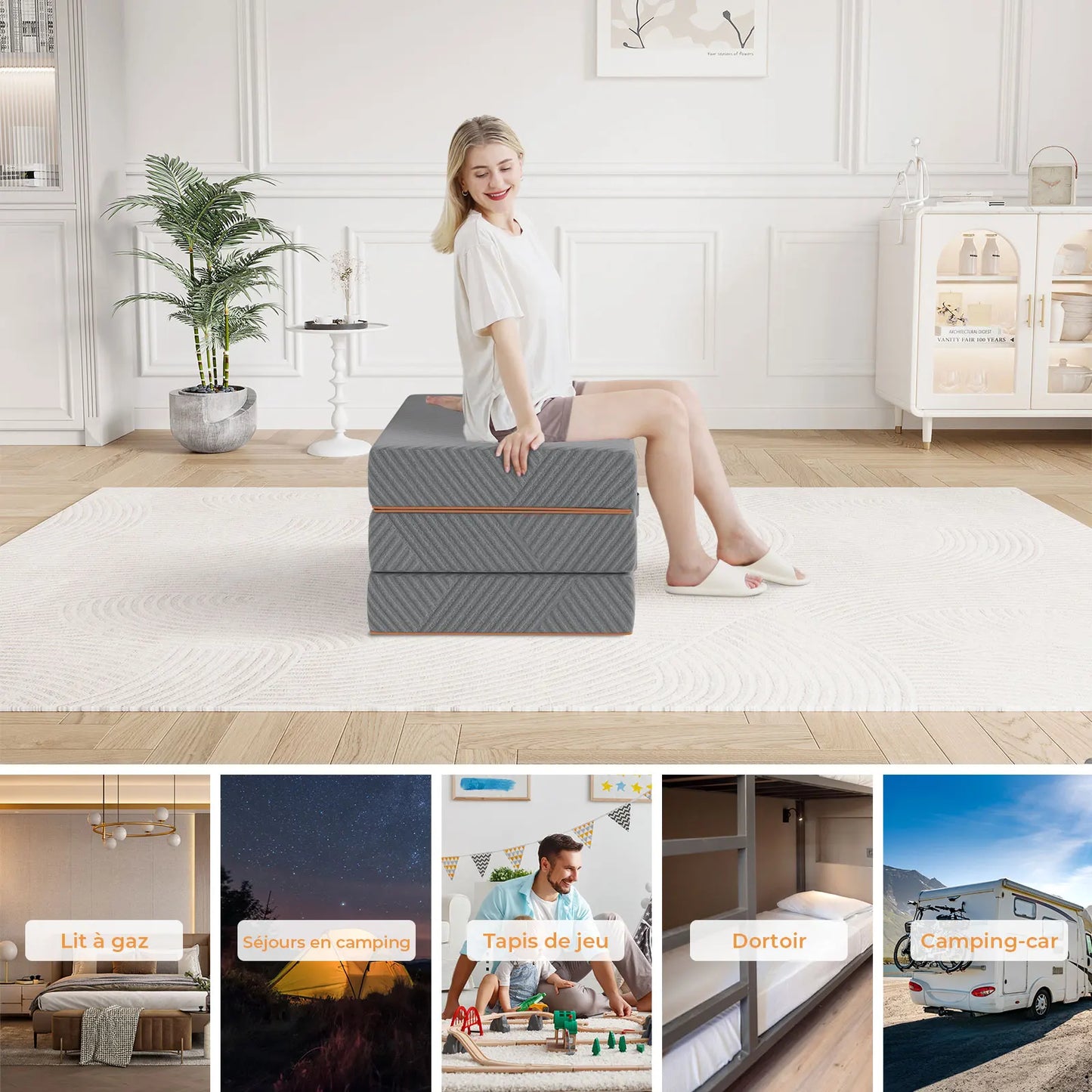 Vesgantti Klappmatratze, 15 und 8 cm große faltbare Gel-Memory-Schaum-Matratze, dreifach faltbar, für Reisen, Camping, Gästebett