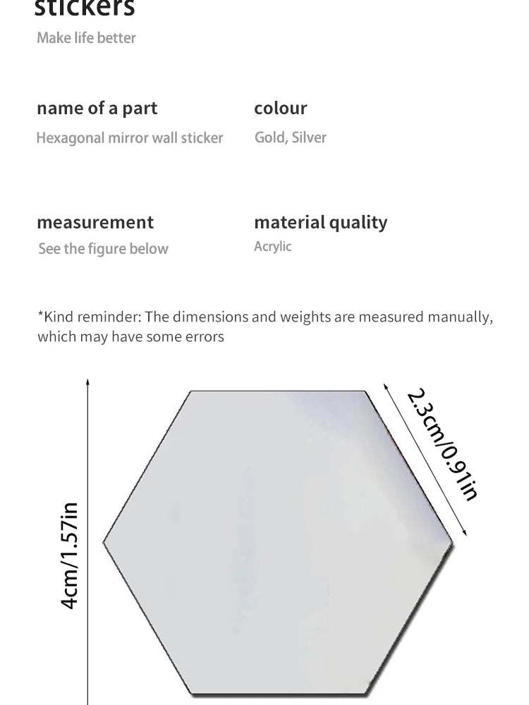 12PCS/Lot Removable Geometric Mirror Wall Stickers - Solid Hexagonal Shape, DIY with Built-in Adhesive for Home Decoration.