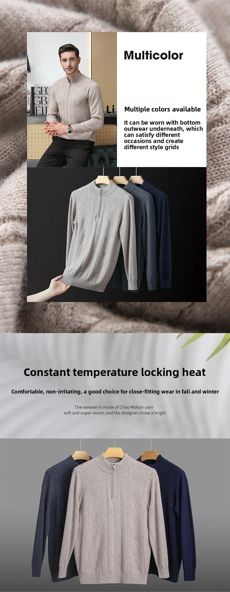 High End 100% Australia Wool Cashmere New Autum Winter Fashion Brand Casual Zip Up Men Pullover Knit Half Turtleneck Sweater.