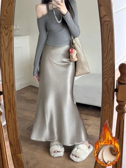 High Waist Women's Fleece-Lined Thickened Elegant Long Skirt Satin Mermaid Skirt Elegant Drapey Bodycon Skirt For Autumn Winter
