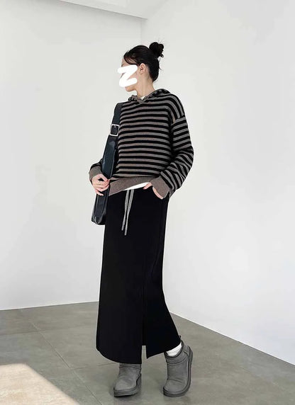 Women's Gray Split Midi Skirts Elasticity Waist Casual Loose Long Skirts Female Autumn Winter Thicken Plus Velvet Straight Skirt.