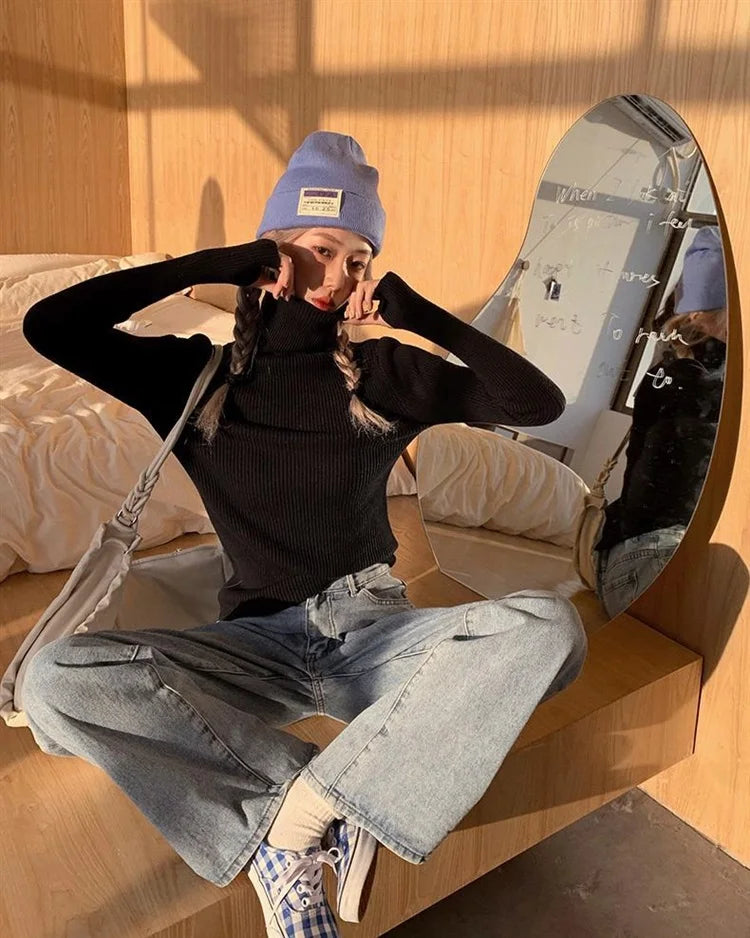 Neue Herbst Winter Grundlegende Gestrickte Tops Frauen Rollkragen Pullover Casual Pullover Koreanische Mode Einfache Mit Daumen Löcher Chic Kleidung