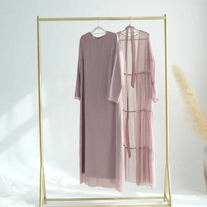 Chiffon Sheer Open Abaya Set Hijabi Muslim Women Party Ramadan Islamic Clothing  Dubai Turkey Kaftan Crepe Kimono Open Abayas.