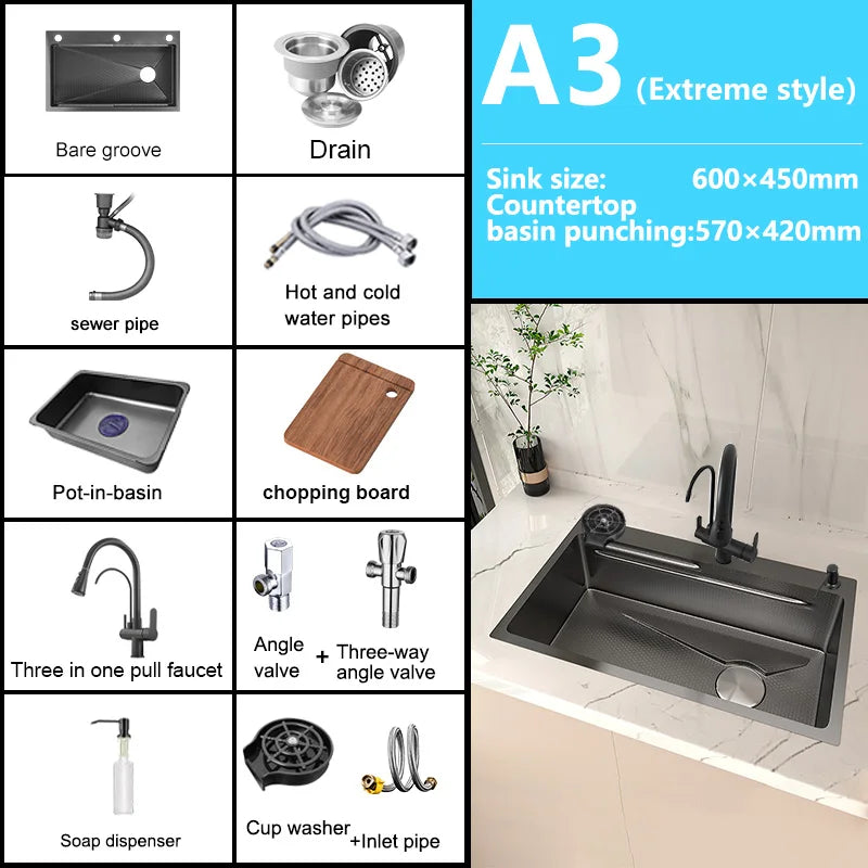 Stainless Steel Kitchen Sink Embossed Large Single-Slot With Kitchen Faucet Multifunctional Washbasin for Apartment