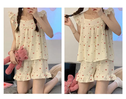 Sommer-Pyjama-Loungewear-Set für Damen, Sommer-Pyjama-Set mit Hosenträgern, Studentenweste, Shorts, Schaumstoff, Insy-Stil, zweiteiliges Loungewear-Set.