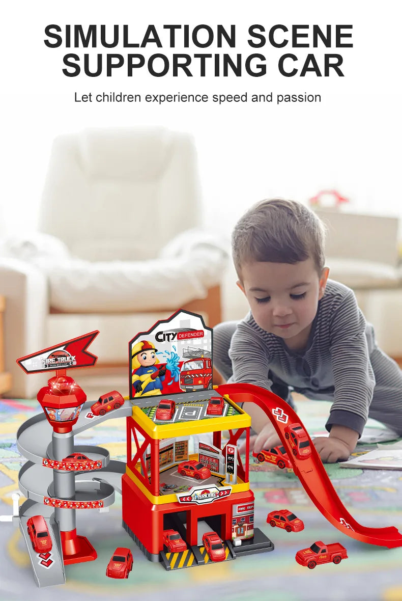 Garage Racing Track Sliding Car Parking Lot Toys Multi-Storey Car Parking Fire Police Engineering Mini Vehicle Toy for Boys Gift.