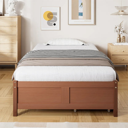 Kinderbett, Holzbett 90x200cm, Flachbett mit Lattenrost, Zwei Schubladen mit Rollen, Kiefer+MDF, Rotbraun, ohne Matratze