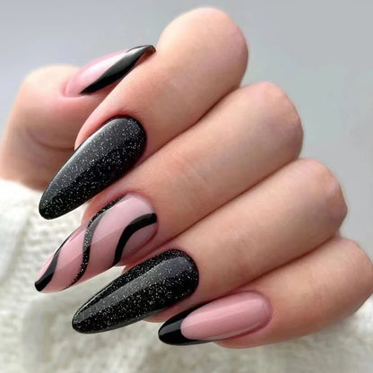 24pcs/set Long Stiletto Fake Nails Punk Snake Pattern Black White Matte False Nails Artificial Full Nail Tips Manicure Tools