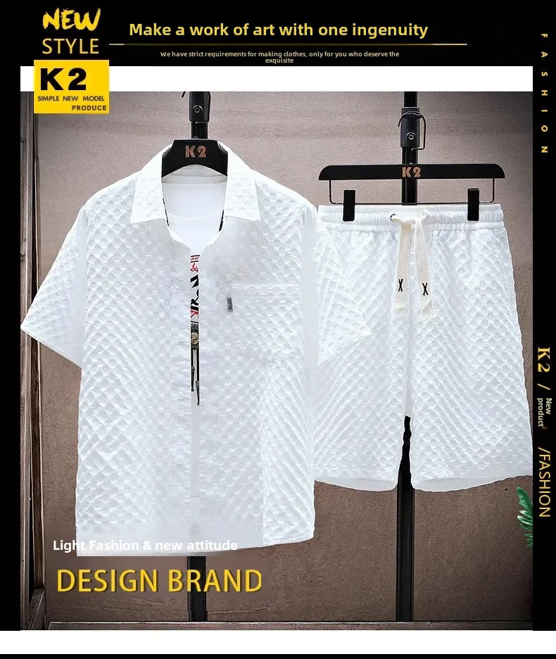 Casual Thin Sports Two-piece Set 2024 Summer Ice Silk Suit Men's Trendy Short Sleeve T-shirt Shorts One Set.