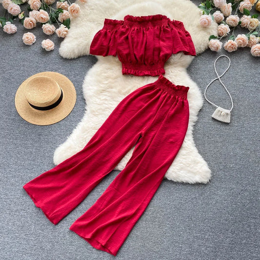 2024 Summer Green/Black/Red Two Piece Set Women Sexy Slash Neck Short Tops + High Waist Wide Leg Pants Female Suit New.