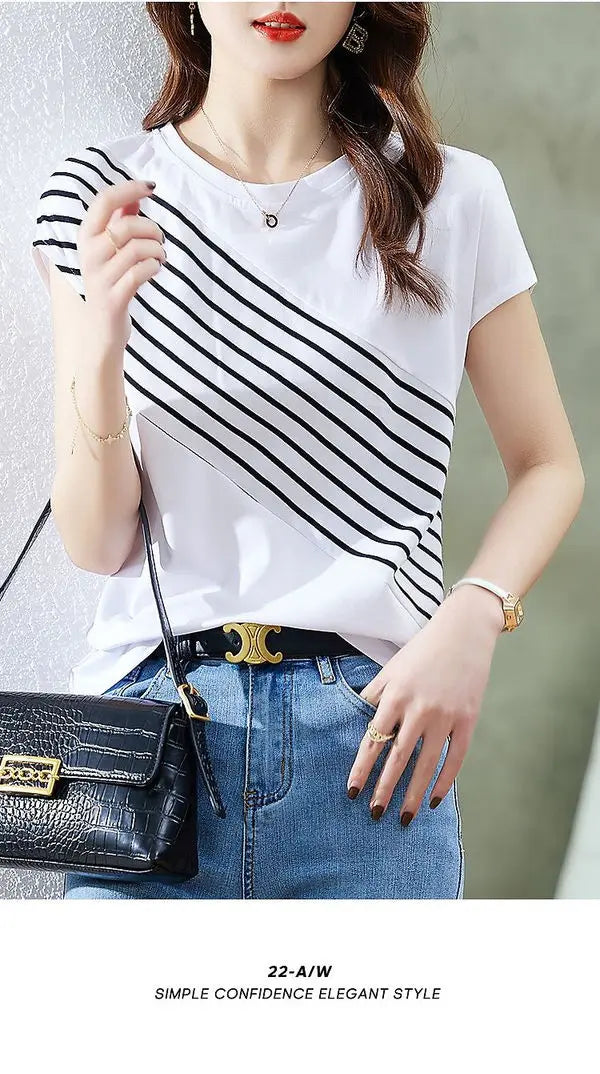 Color Block Striped Slimming T Shirt Women Casual Short Sleeve Top.