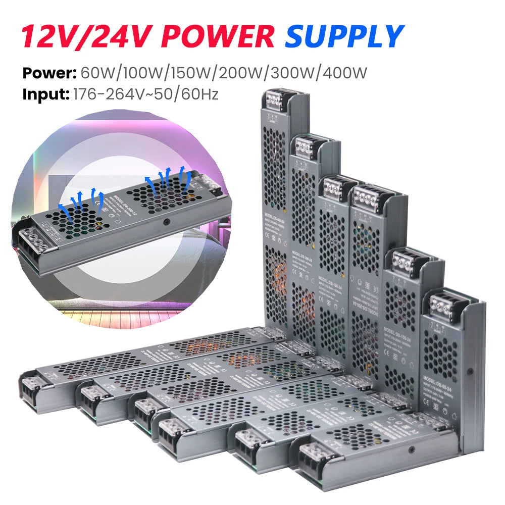 12V 24V 60W 100W 150W 200W 300W 400W Transformer Power Supply 110V 220V 230V AC to 12 24 Volt DC LED Strip Light Bulb LED Driver.