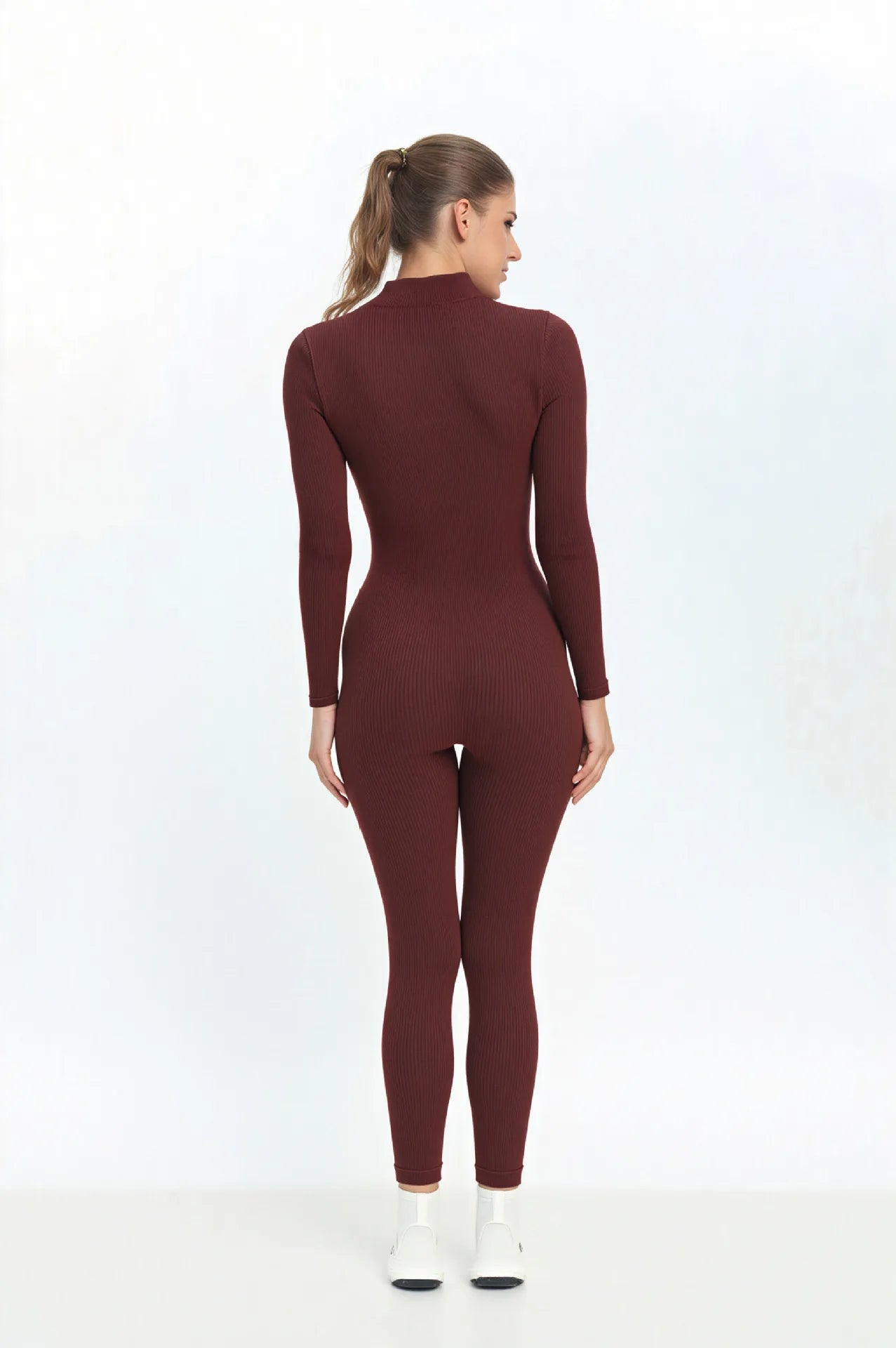 Seamless Ribbed Knit Bodysuit Women Zip Up Stand Collar Long Sleeve Thumbhole Yoga Romper Winter Thermal Workout Outfit.