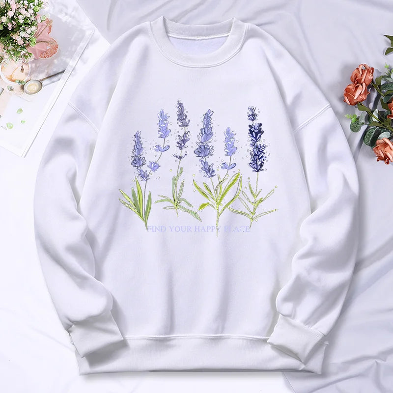 Beautiful Of Lavender Printing Women Hoodie Street Fleece Hoody Crew Neck Autumn Sweatshirt Hip Hop Oversize Clothing Female.