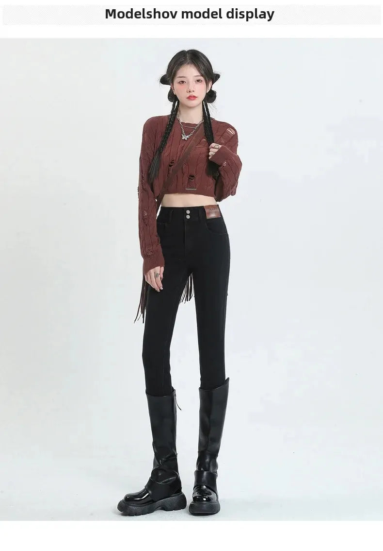 Spring Autumn 2024 New Style High-Waisted Black Jeans Women's Versatile Elastic Slimming Pencil Pants Fashionable Chinese Style.