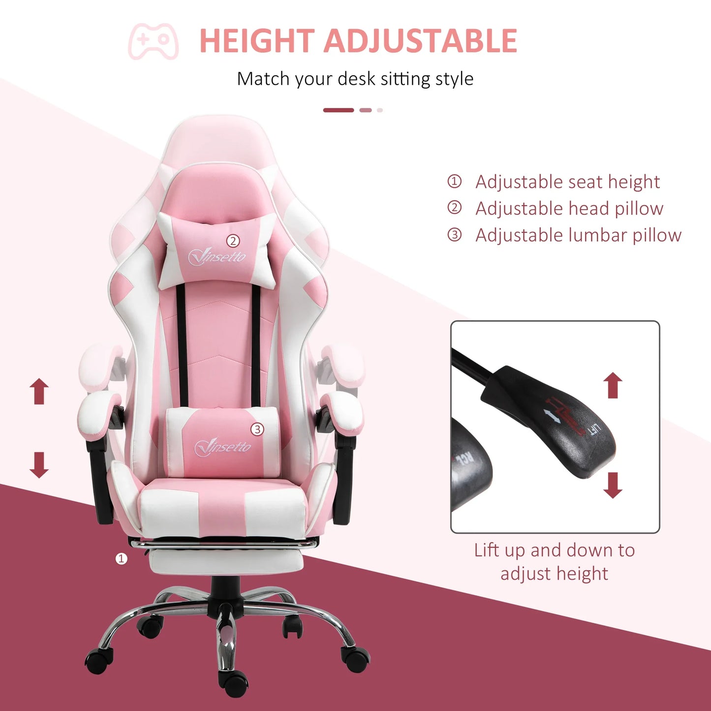 Gaming-Stuhl, Computerstuhl, ergonomischer Bürostuhl mit Kopfstütze, Lendenpolster, höhenverstellbar, 360° °   Rotation rosa + weiß
