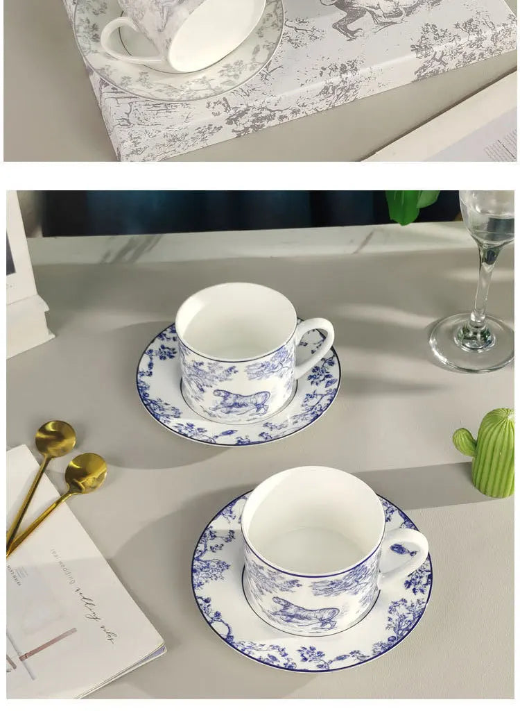 Red, Blue, Gray Tiger Series  Animal Images Bone Porcelain Coffee Cup Plate European Afternoon Tea Cup and Saucer Set Gift Box.