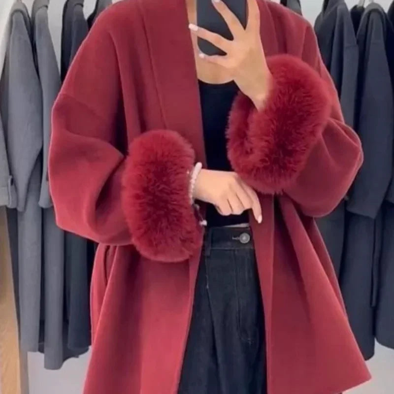 Lässiger, einfarbiger Wollmantel mit Schalkragen, modischer, lässiger, einreihiger Tasche, lockere Oberbekleidung, 2025, neue Highstreet-Jacke