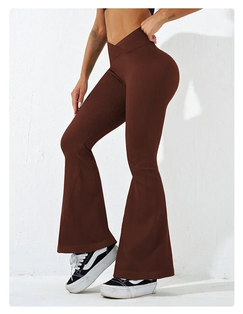 Sexy Slim Flared Pants Cross Waist Legging Women Seamless Gym Running Cycling Knit Yoga Stretch Butt Lift High Waist Pants.