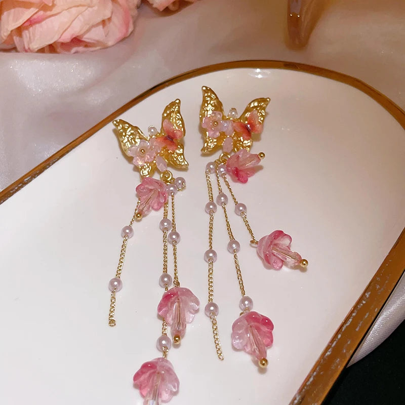 Pink Butterfly Earrings With Long Tassel Sparkly Zircon Crystal Imitation Pearl Beads Earrings Light Luxury Party Ear Jewelry.
