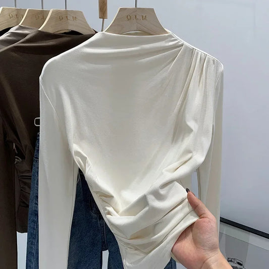 Early Autumn Pure Color High Neck Pleated Slim Fit Sexy Base Shirt Women's Fashionable Crew Neck T-shirt Full Sleeve China Origi.