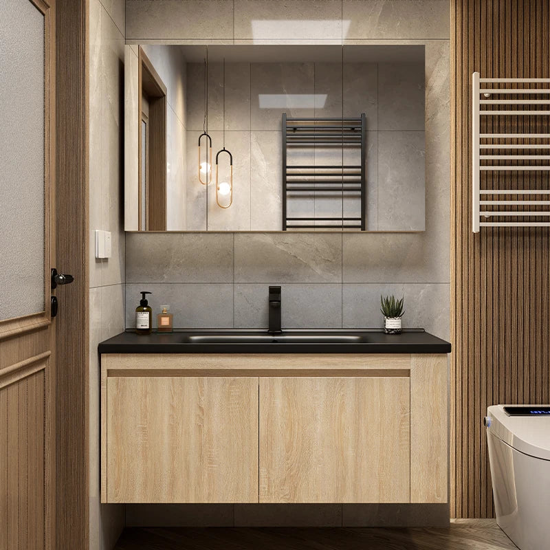 Leichter Luxus-Badezimmerschrank-Kombination, Badezimmer-Waschbecken, Gesichtswaschbecken, Toilettenholz, Waschbecken aus Keramik, integriertes Waschbecken im japanischen Stil