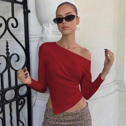 Mozision Inclined Shoulder Long Sleeve Sexy T-shirt Women Autumn Fashion Solid Skew Collar Backless Ruched Club Party T-shirts.