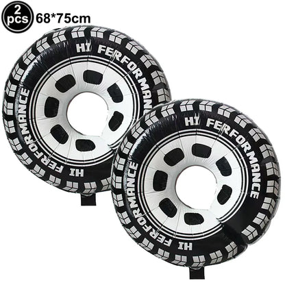 Rennwagen-Thema, zwei schnelle Jungen, Partydekorationen zum 2. Geburtstag für Rennwagen, karierte Flaggen, Rennrad, Einweggeschirr.