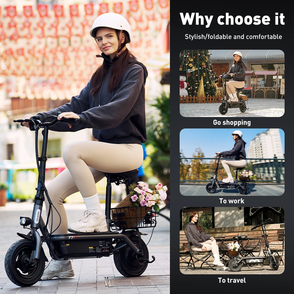 iScooter - F2 Electric Scooter with 500W Motor, 36V 7.8Ah Battery, 10-inch Tires, Adult Foldable Electric Scooter with Seat