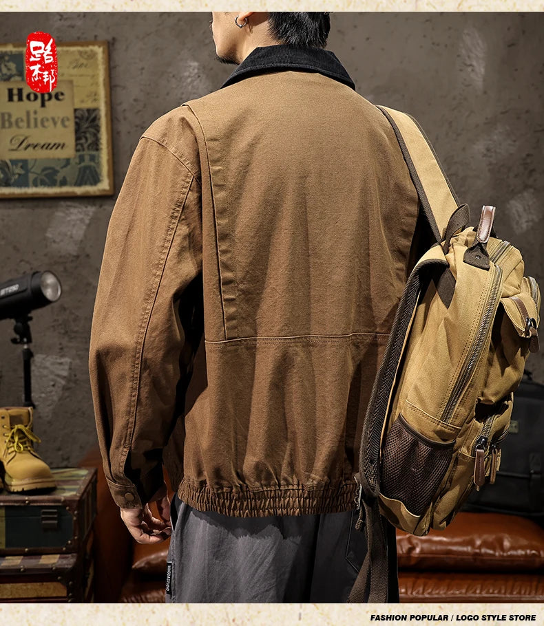 Men Spring Autumn Washed Cotton Loose Casual American Retro Cargo Jacket Man Streetwear Cityboy Coat Outerwear Varsity Jacket.