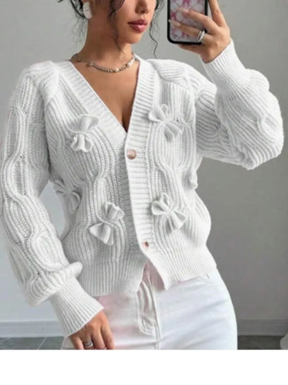 2025 Autumn And Winter Solid Color Long-sleeved Bow Knit Cardigan Jacket New Women's Elegant V-neck Button Versatile Sweater Top