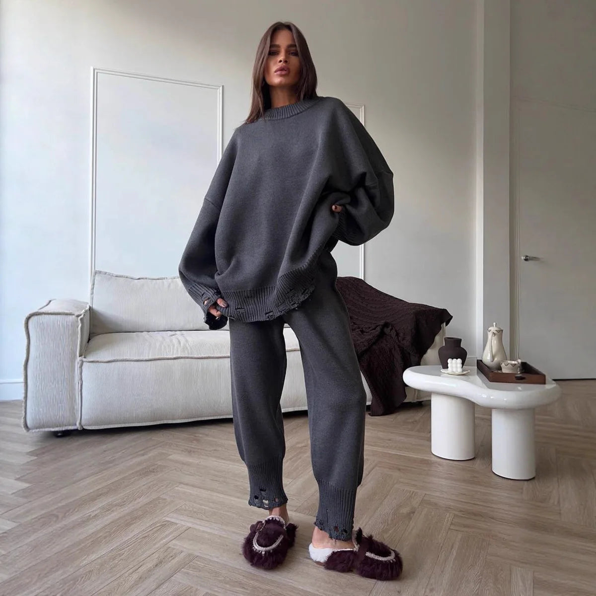 Two Piece Ripped Set Women Knit Tracksuits O Neck Long Sleeve Casual Baggy Sweatshirts+ Joggers Pants Outfits 2025 Fall Winter