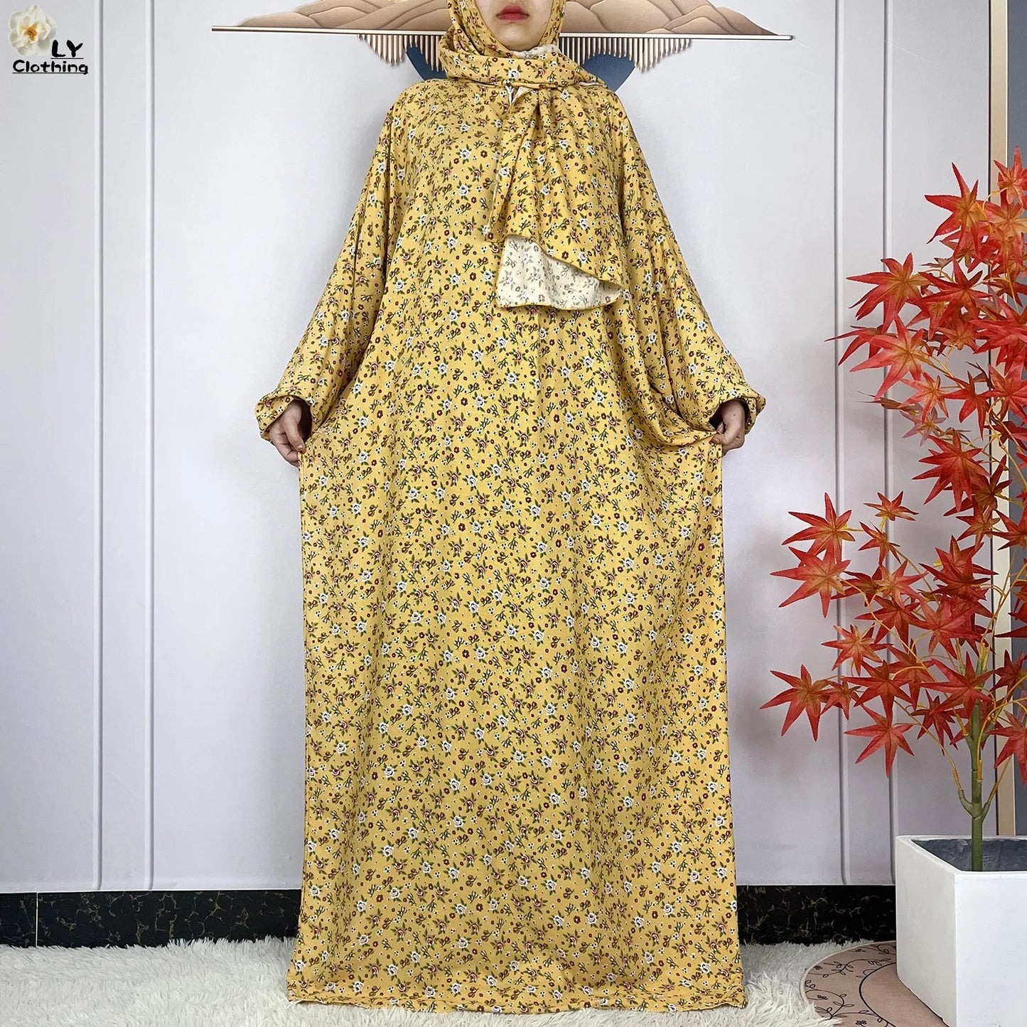 New Muslim Long Sleeved Cotton For Women Ramadan Prayer Turkey Middle East Femme Robe Floral Loose African Abaya Dress Scarfs