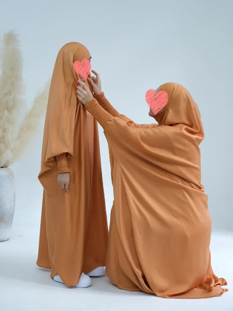 Ramadan Muslim Robe 2 Piece Set Mommy & Kids Prayer Garment Hijab Dress Women Girls Hooded Abaya Niqab Islam Dubai Eid jilbab.