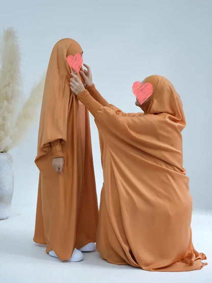 Ramadan Muslim Robe 2 Piece Set Mommy & Kids Prayer Garment Hijab Dress Women Girls Hooded Abaya Niqab Islam Dubai Eid jilbab.