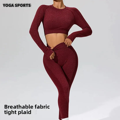 Autumn Winter Yoga Fitness Sportswear Long Sleeve Women's Top And Bottoms Quick Dry Set Finger Snap Gymnastics Outfit.