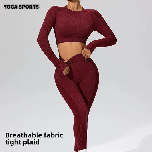 Autumn Winter Yoga Fitness Sportswear Long Sleeve Women's Top And Bottoms Quick Dry Set Finger Snap Gymnastics Outfit.