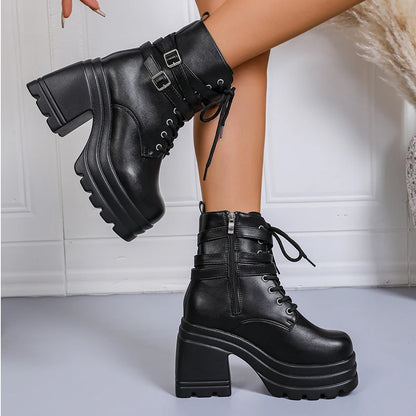Fashion Buckle Cunky Platform Ankle Boots Women Lace Up Super High Heel Punk Boots Woman Pu Leather Thick Heels Motorcycle Botas.