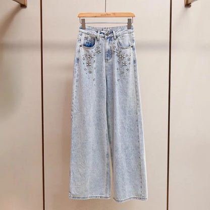 ANJY Autumn Winter Women Fashion Casual Versatile Washed Tide Diamonds Straight Jeans Trend Design Sense High Waist Pants A10636