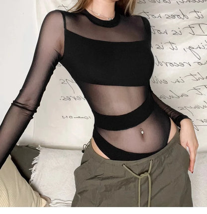 Spring Summer New Fashion Cut Cross Hollow Mesh Jumpsuit Long-Sleeved Thin O Neck Diagonal Black Charming Bodysuit Clubwear.