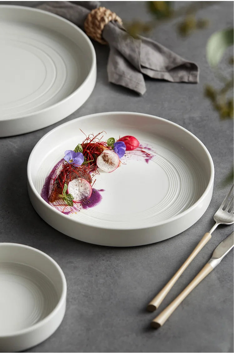 High end white ceramic steak brushed tableware, ceramic salad pasta plate dinner set plates and dishes ceramic plate sushi plate.