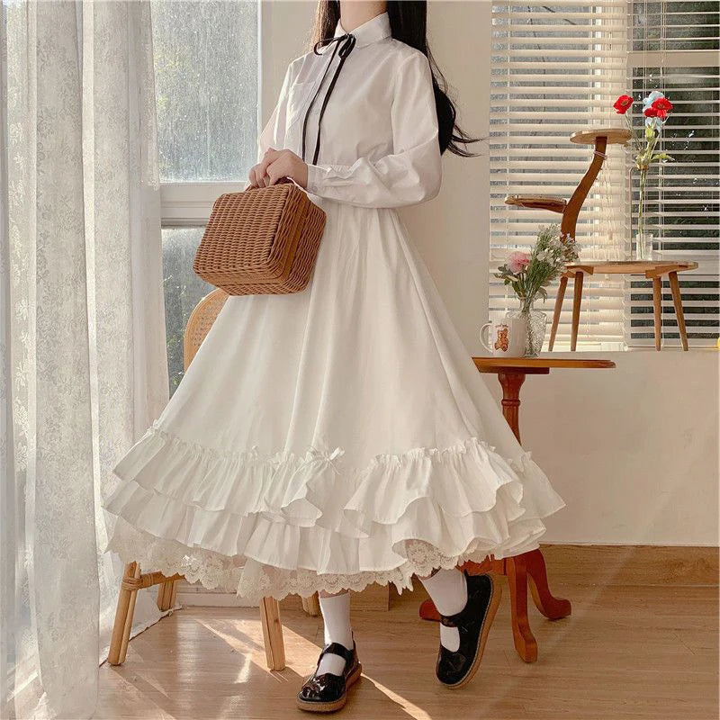 Fashion Sweet Midi Skirt Women Lace Patchwork Bow Preppy Fall Loose Casual Skirts Japanses Ruffle High Waist Solid Chic Skirt.