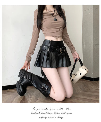 Women's Black Gothic A-line Pleated Leather Skirt Y2k Mini Shorts Skirts Harajuku Korean Emo Skirt 2000s Vintage Clothes Summer.