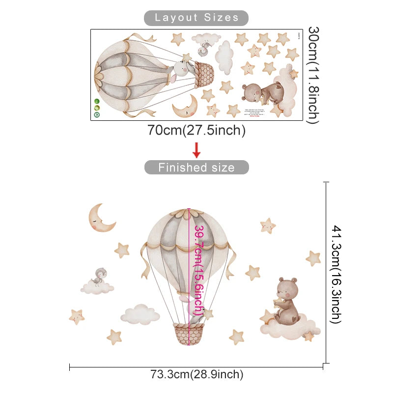 Cartoon Hot Air Balloon Animals Bear Rabbits Wall Stickers for Child Room Boy Room Decoration Nursery Baby Room Decoration Decal.