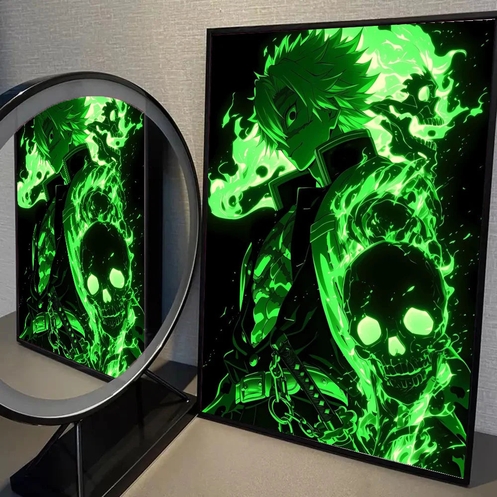 1pc Neon Effect Japan Anime Demon Slayer Tanjiro Nezuko Character Poster Self-adhesive Art Waterproof Paper Sticker Wall Decor