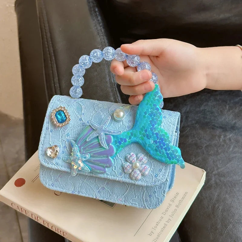 Lovely Sequin Girls Square Shoulder Bag Fish Tail Starfish Princess Crossbody Bags Bead Handle Children's Small Handbags Purse.